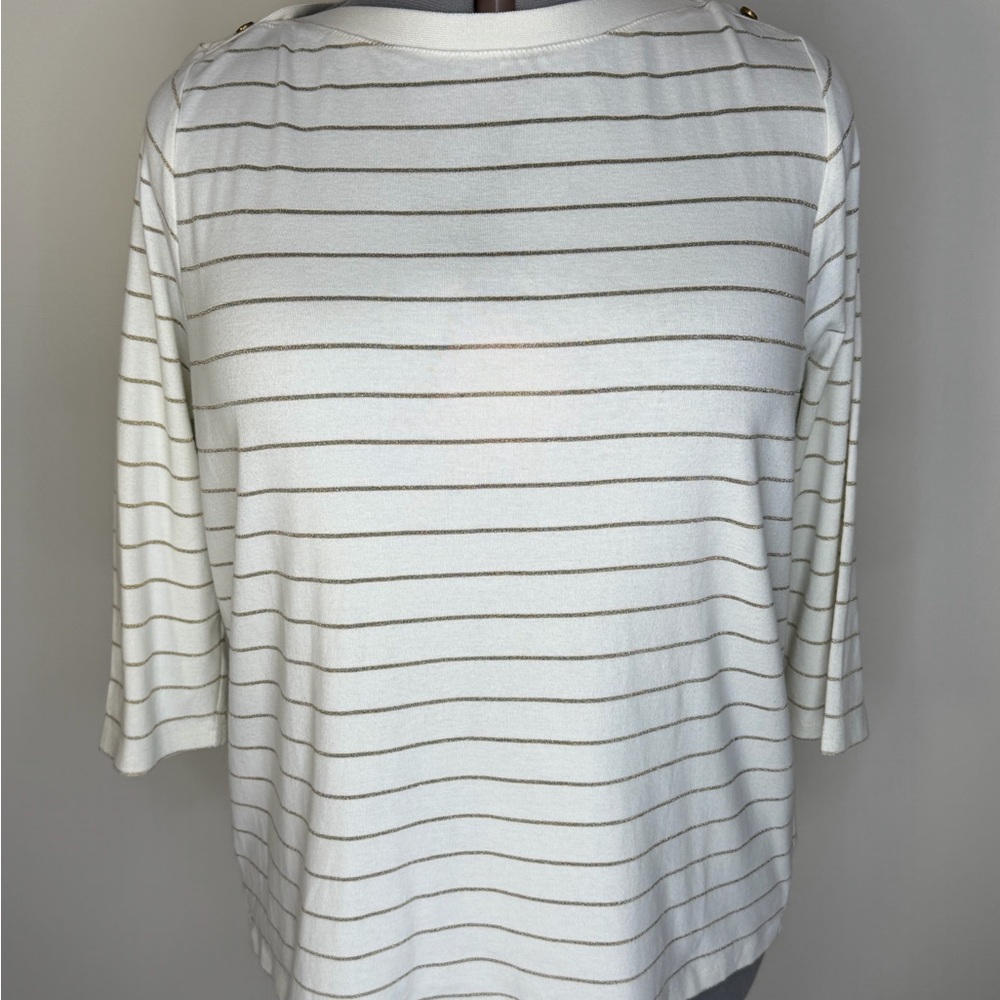 L.R.Lauren Shirt Womens 2X White Gold Striped Boat Neck 3/4 Sleeve Top Spring
